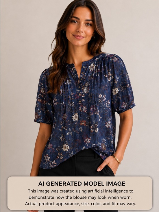 Fred David Tops - Fred David Blue Pleated Short Sleeve Blouse 1/2 Button Front Floral Pattern